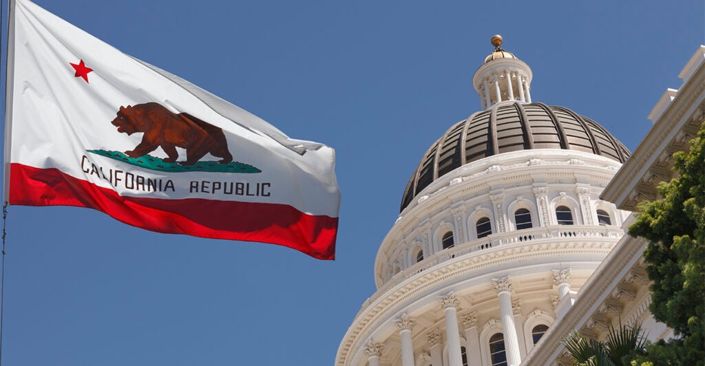 Dome of California State Capitol and state flag