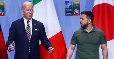 President Joe Biden and Ukrainian President Volodomyr Zelenskyy on stage