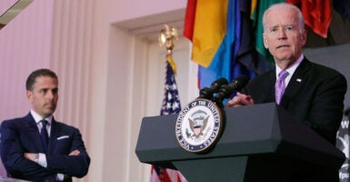 Hunter Biden looking on as Vice President Joe Biden delivered remarks from the podium