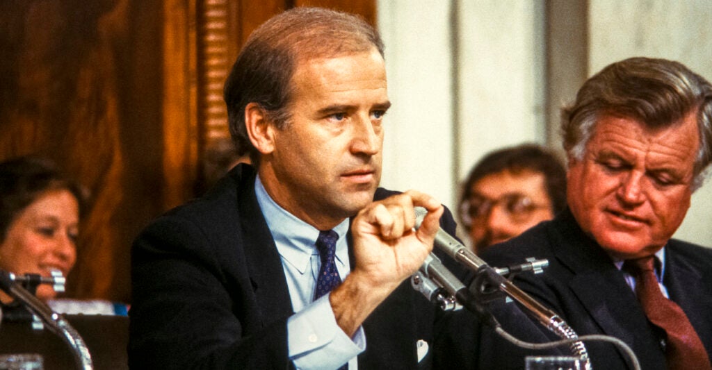 Roger Severino, vice president of domestic policy at The Heritage Foundation, revealed that he was "shocked by the plagiarism" that he discovered in an article submitted to the Harvard Journal by then Senator Joe Biden. Pictured: American politician, US Senator, and Chairman of the Senate Judiciary Committee Joseph Biden speaks during a hearing, Washington DC, October 6, 1987. Beside him is fellow Senator Edward M 'Ted' Kennedy (1932 - 2009) (right). The hearing was held to vote on the confirmation of Judge Robert Bork as an Associate Justice of the Supreme Court). (Photo by Ron Sachs/CNP/Getty Images)