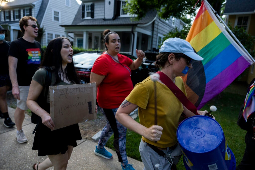 CHEVY CHASE, MARYLAND - JUNE 29: Far-left activists with Our Rights DC march in front of Supreme Court Justice Brett Kavanaugh's house on June 29, 2022 in Chevy Chase, Maryland. (Photo by Anna Moneymaker/Getty Images)