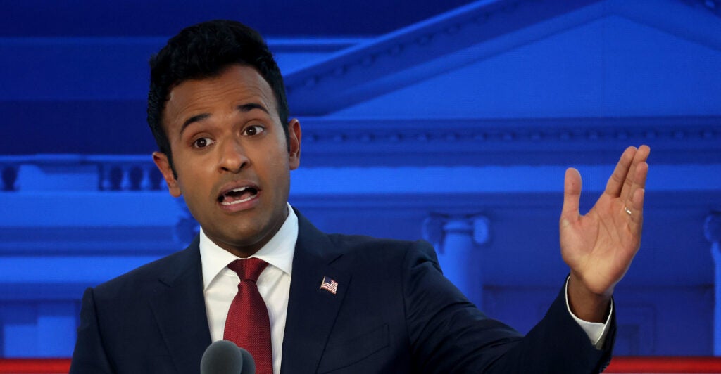 SIMI VALLEY, CALIFORNIA - SEPTEMBER 27: Republican presidential candidate Vivek Ramaswamy delivers remarks during the FOX Business Republican Primary Debate at the Ronald Reagan Presidential Library on September 27, 2023 in Simi Valley, California. Seven presidential hopefuls squared off in the second Republican primary debate as former U.S. President Donald Trump, currently facing indictments in four locations, declined again to participate. (Photo by Justin Sullivan/Getty Images)