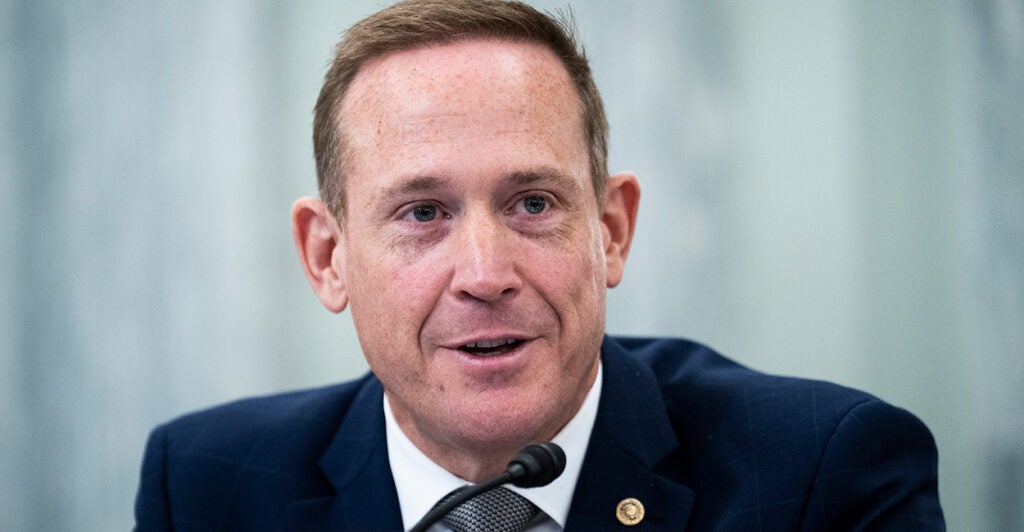 Sen. Ted Budd, R-N.C., speakers into a microphone during a hearing.