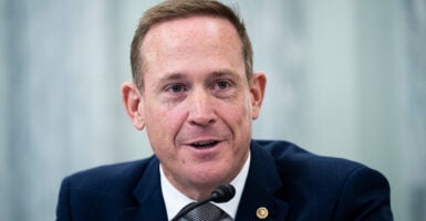 Sen. Ted Budd, R-N.C., speakers into a microphone during a hearing.