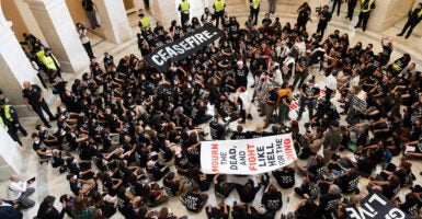 Protesters occupy the Cannon House Office Building rotunda with signs reading 