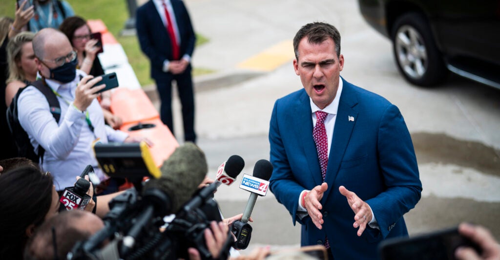 Republican Oklahoma Gov. Kevin Stitt slammed a lawsuit against the nation's first religious charter school as a "political stunt" during an interview with The Daily Signal. Pictured: Stitt speaks to reporters outside before President Donald J. Trump arrives for a "Make America Great Again!" rally at the BOK Center on Saturday, June 20, 2020 in Tulsa, OK. (Photo: Jabin Botsford/The Washington Post/Getty Images)