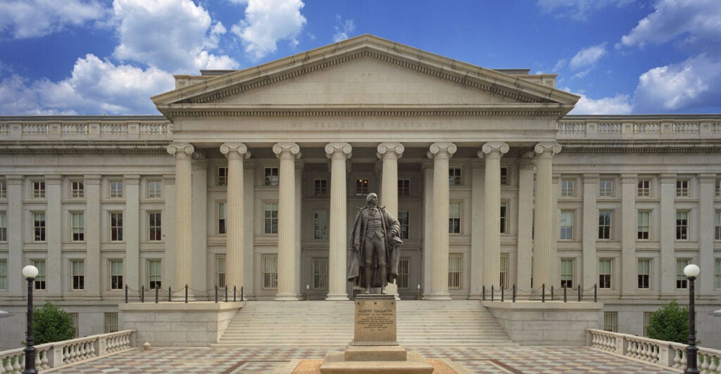 The outside of the Treasury Department building in Washington, D.C.