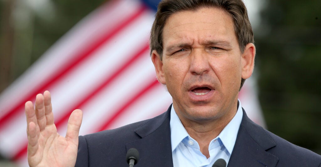 Florida's new law permitting the death penalty for pedophiles has gone into effect this week, the state's governor announced Tuesday evening. Pictured: DeSantis speaks at a news conference at the Long Beach Grain Terminal in the Port of Long Beach on Friday, Sept. 29, 2023. (Luis Sinco / Los Angeles Times via Getty Images)