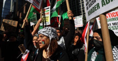 NEW YORK, NEW YORK - OCTOBER 09: Pro-Palestinian demonstrators gather in support of the Palestinian people during a rally for Gaza at the Consulate General of Israel on October 09, 2023 in New York City. On October 7, the Palestinian militant group Hamas launched a surprise attack on Israel from Gaza by land, sea, and air, killing over 700 people and wounding more than 2000. Israeli soldiers and civilians have also been kidnapped. (Photo by Michael M. Santiago/Getty Images)