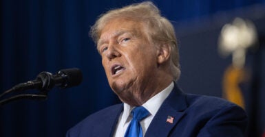 Donald Trump wearing a blue tie and a suit.