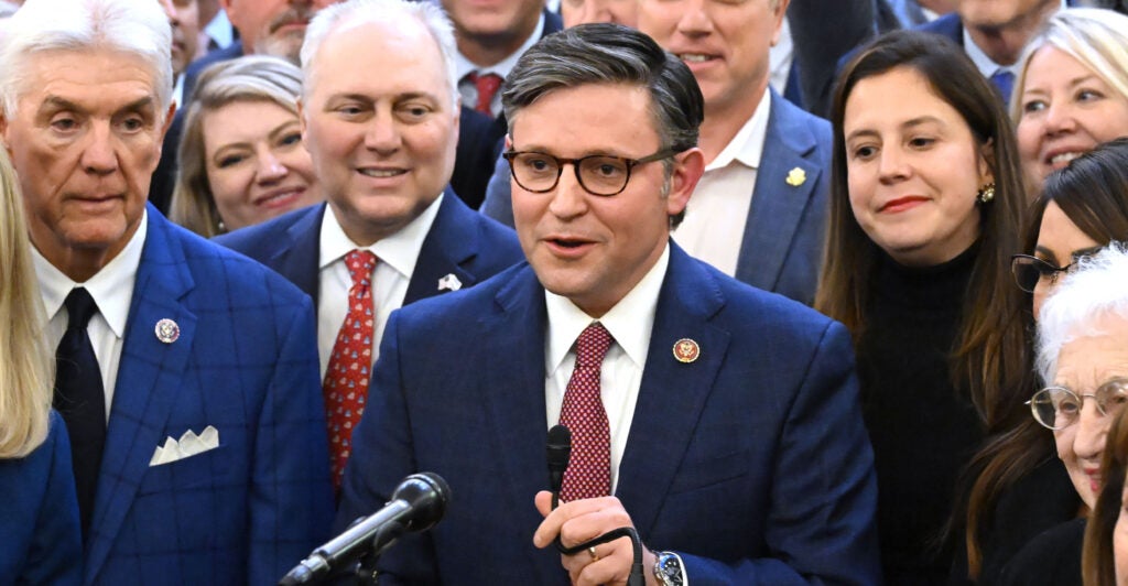 Mike Johnson (C) (R-LA) speaks after being nominated Republican speaker of the US House of Representatives at Capitol Hill, in Washington, DC on October 24, 2023. (Photo: SAUL LOEB/AFP via Getty Images)