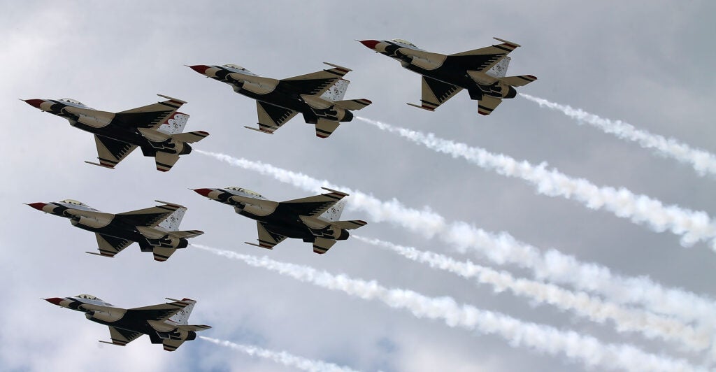 A new lawsuit is accusing the Department of the Air Force and U.S. Space Force of punishing a reservist for speaking out against the "enforcement tactics" of those quashing courage and truth within the military. Pictured: The US Air Force Thunderbirds are seen rehearsing their persision flying routine, September 18, 2015 in Forestville, Maryland. (Photo by Mark Wilson/Getty Images)