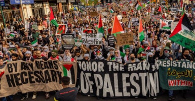 Protesters in New York City march with banners reading "By any means necessary," and "Free Palestine."