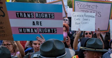 Protesters hold signs reading 