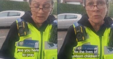 Video screenshots show a police officer in a yellow vest