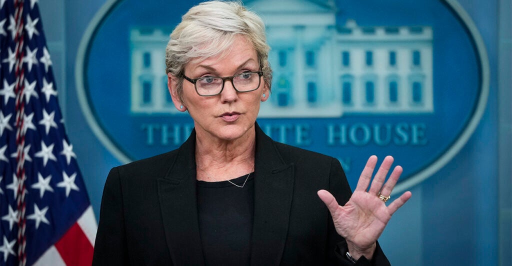 Secretary of Energy Jennifer Granholm speaks at the podium during the daily press briefing at the White House