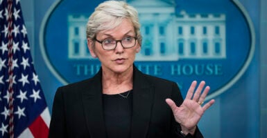 Secretary of Energy Jennifer Granholm speaks at the podium during the daily press briefing at the White House