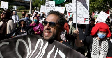 pro-Palestinian protestors rally with signs on a campus