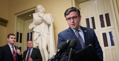 Mike Johnson speaks into a microphone, wearing a suit and glasses.