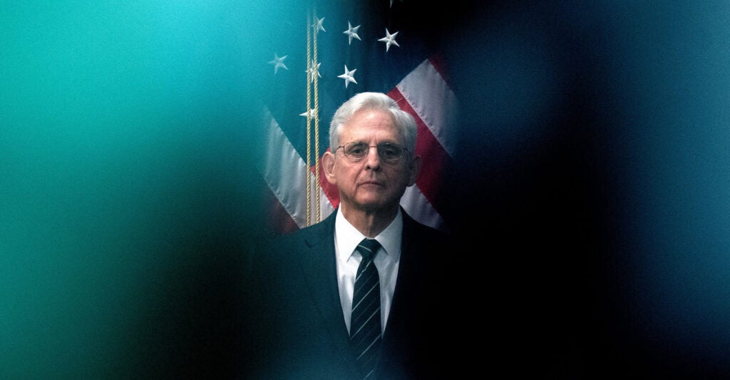 Attorney General Merrick Garland in a suit and tie