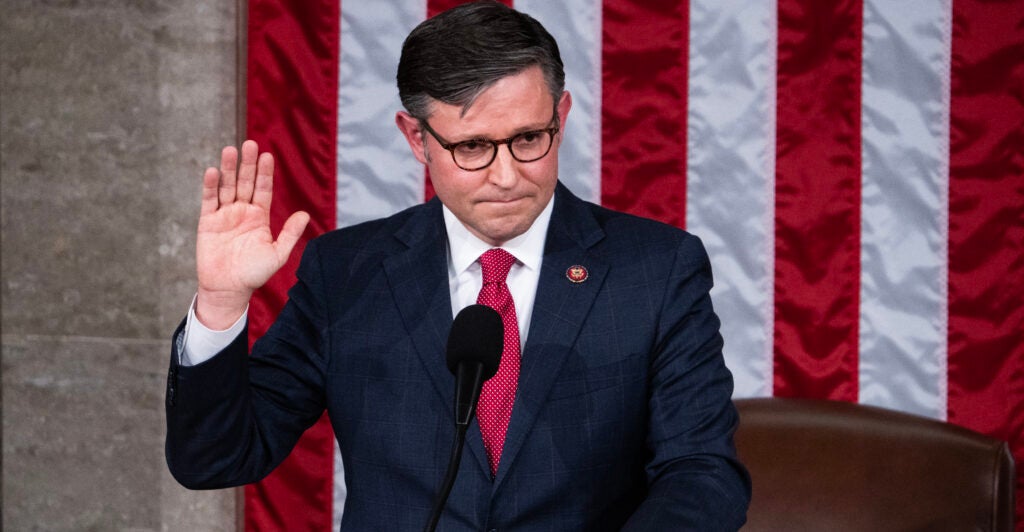 Speaker of the House Mike Johnson, R-La., is sworn in on the House floor of the U.S. Capitol after winning the speakership on Wednesday, October 25, 2023. (Tom Williams/CQ-Roll Call, Inc: Getty Images)