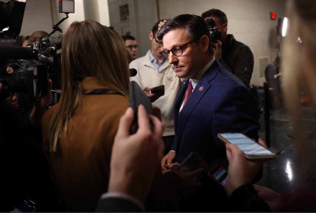 U.S. U.S. Rep. Mike Johnson (R-LA) speaks to reporters before a House Republican candidates forum where congressmen who are running for Speaker of the House will present their platforms in the Longworth House Office Building on Capitol Hill on October 24, 2023 in Washington, DC. (Photo: Justin Sullivan/Getty Images)