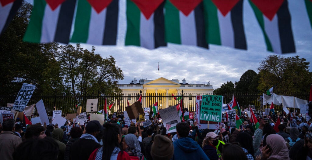 Thousands of pro-Palestine protestors demonstrate outside the White House during the National March on Washington for Palestine on November 4, 2023 in Washington, DC. (Photo: Drew Angerer/Getty Images)