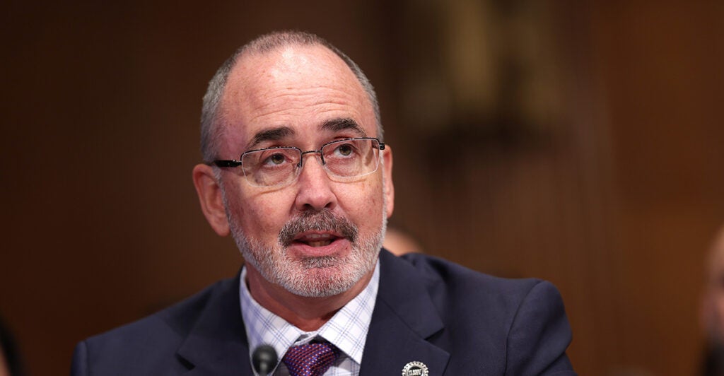 Shawn Fain, President of the United Auto Workers, testifies during a Senate committee hearing