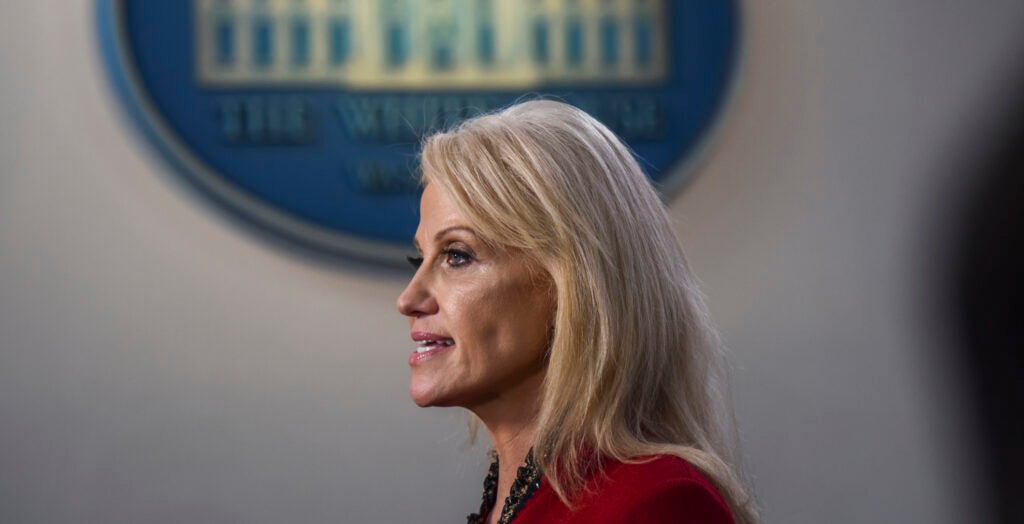 Side view of Kellyanne Conway speaking in the White House press briefing room