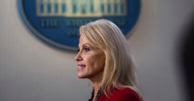 Side view of Kellyanne Conway speaking in the White House press briefing room