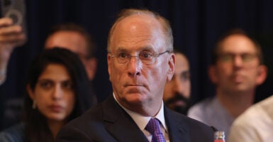 BlackRock CEO Larry Fink in a suit with a blue tie looks left