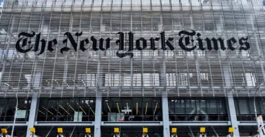 The New York Times newspaper office building with sign on front of the building