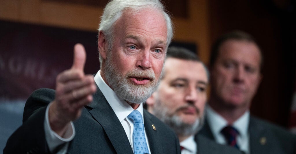 Sens. Ron Johnson, R-Wis., Ted Cruz, R-Texas, and Eric Schmitt, R-Mo., conduct a news conference in the U.S. Capitol on border security legislation on Wednesday, January 24, 2024. (Tom Williams/CQ-Roll Call, Inc via Getty Images)