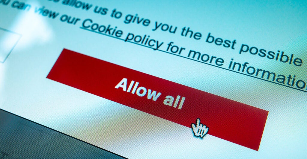 A screen shows a mouse clicking on a red "allow all" button for cookies on a website.