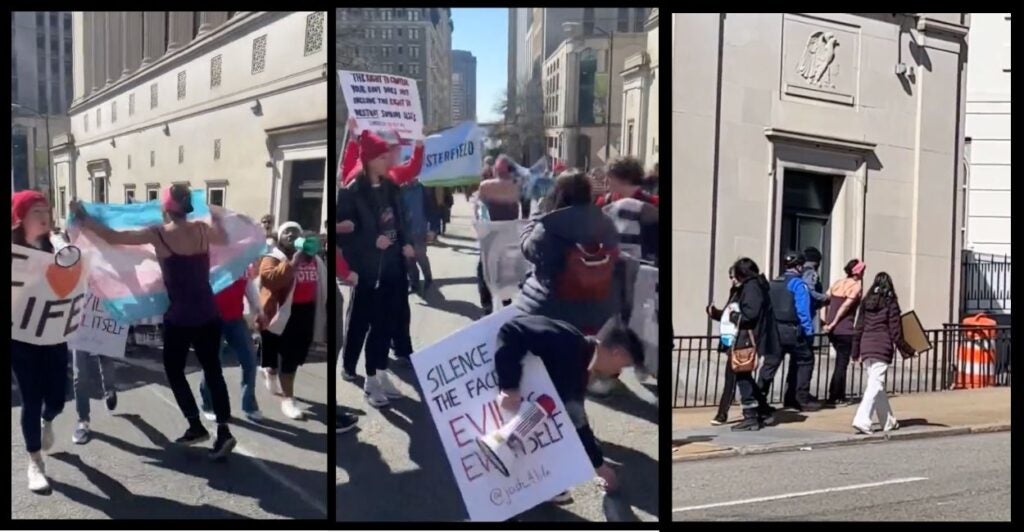 A transgender activist blasts through a crowd of pro-life students at the Virginia March for Life in Richmond, VA. Screenshot, Twitter.