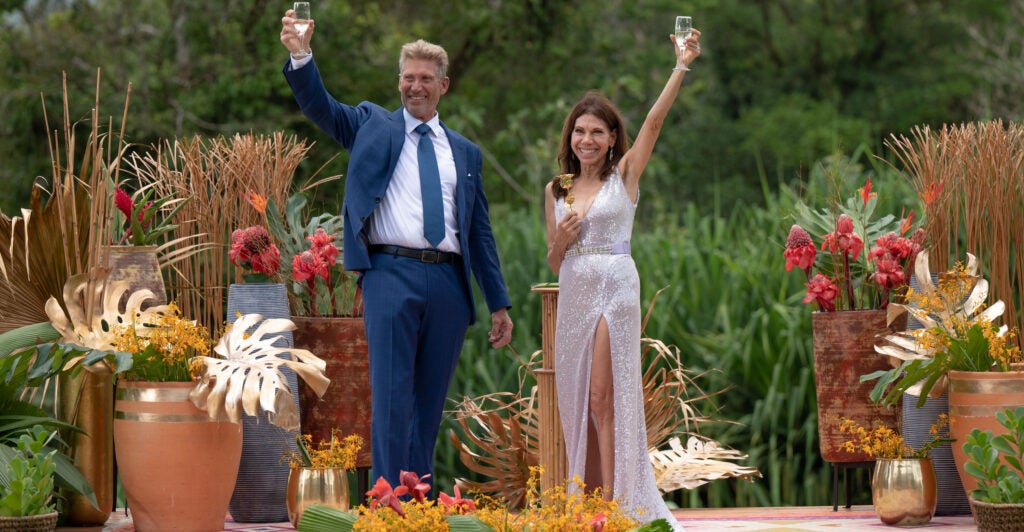 Gerry Turner and Theresa Nist celebrating their engagement on "The Golden Bachelor."