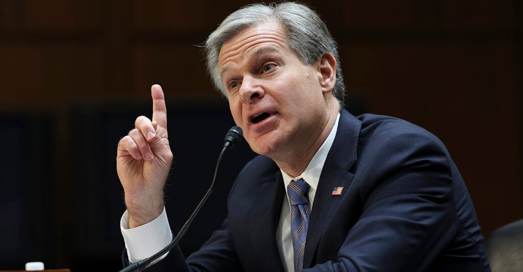 FBI Director Christopher Wray testifies before the Senate Judiciary Committee Dec. 5, 2023 in Washington, D.C