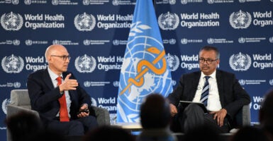 Two elderly men sit in chairs while wearing black suits as a blue flag stands in between them.