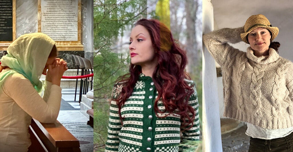 Three side-by-side photos of a red-haired woman, Bree Solstad wearing a striped green sweater, green scarf, and a yellow straw hat.