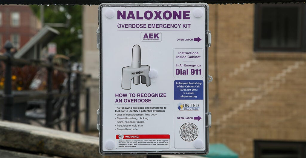 A public emergency box outdoors containing Naloxone/Narcan overdose emergency kits