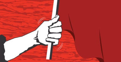 A drawing of a hand holding a red flag.