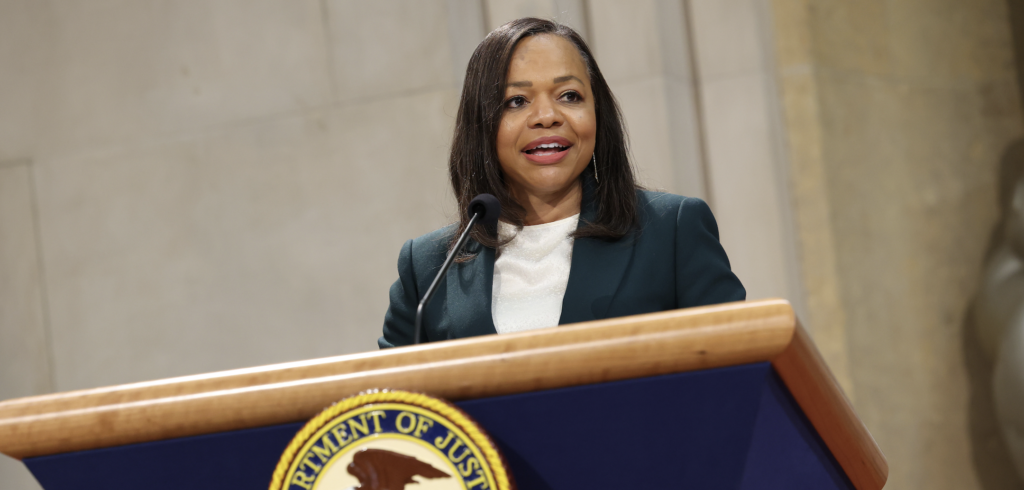 WASHINGTON, DC - MAY 14: U.S. Assistant Attorney General Kristen Clarke delivers remarks during an event honoring the anniversary of the Brown v. Board of Education Supreme Court decision, at the Justice Department on May 14, 2024 in Washington, DC. (Photo: Kevin Dietsch/Getty Images)