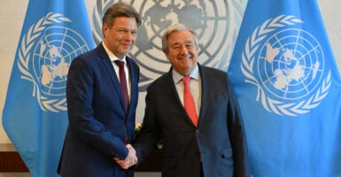 Habeck and Gutteres wear suits and shake hands in front of United Nations flags.