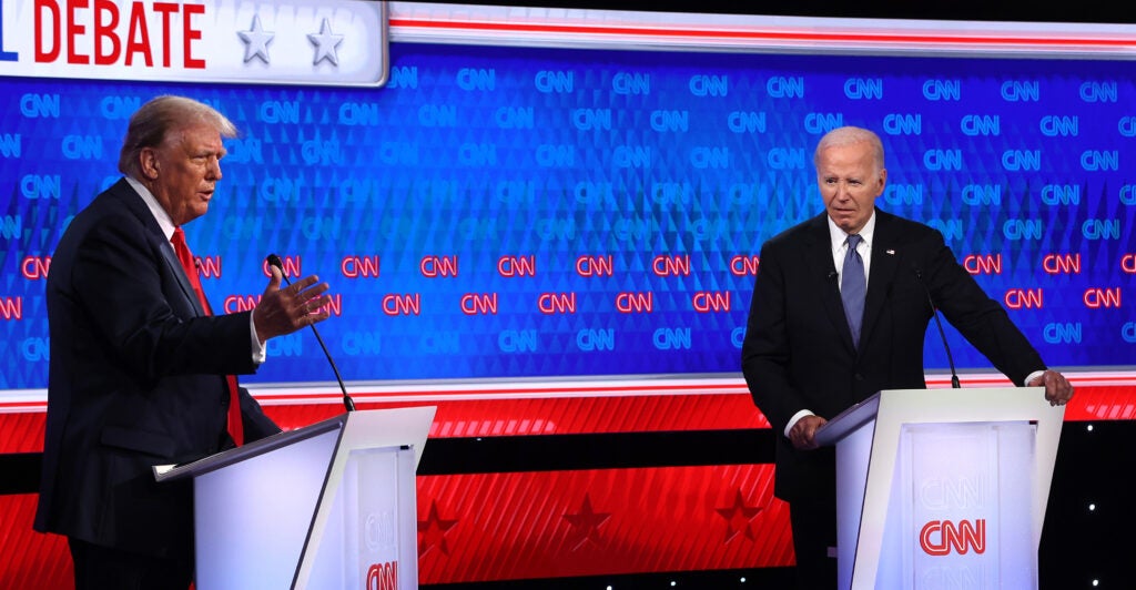 ATLANTA, GEORGIA - JUNE 27: U.S. President Joe Biden (R) and Republican presidential candidate, former U.S. President Donald Trump participate in the CNN Presidential Debate at the CNN Studios on June 27, 2024 in Atlanta, Georgia. President Biden and former President Trump are facing off in the first presidential debate of the 2024 campaign. (Photo by Justin Sullivan/Getty Images)