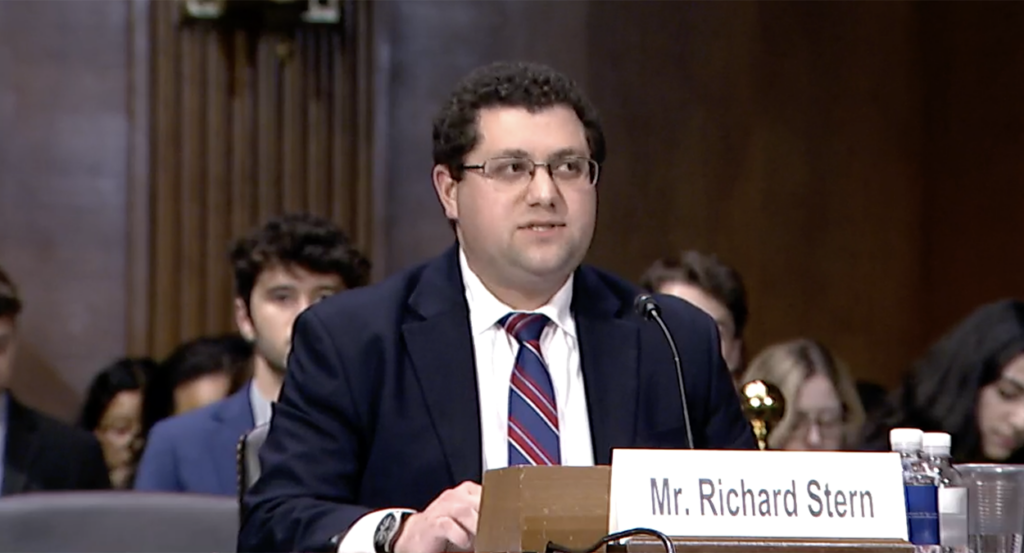 Richard Stern in a suit testifies