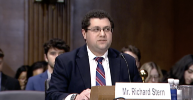 Richard Stern in a suit testifies