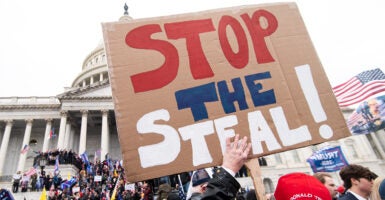 A man holds a hand-painted "stop the steal" sign with a large crowd of protesters standing in front of the U.S. Capitol on January 6, 2021