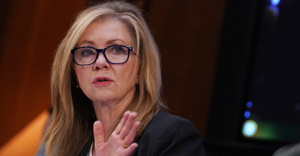 Sen. Marsha Blackburn speaks using a hand gesture.