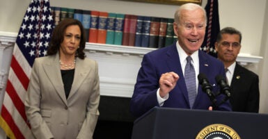 President Joe Biden delivers remarks on reproductive rights as (L-R) Vice President Kamala Harris, and Secretary of Health and Human Services Xavier Becerra listen during an event at the Roosevelt Room of the White House on July 8, 2022 in Washington, DC. (Photo by Alex Wong/Getty Images)