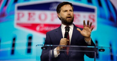 US Sen, J. D. Vance, (R-OH) addresses the conservative Turning Point People's Convention on June 16, 2024 at Huntington Place in Detroit, Michigan. (Photo by JEFF KOWALSKY/AFP via Getty Images)